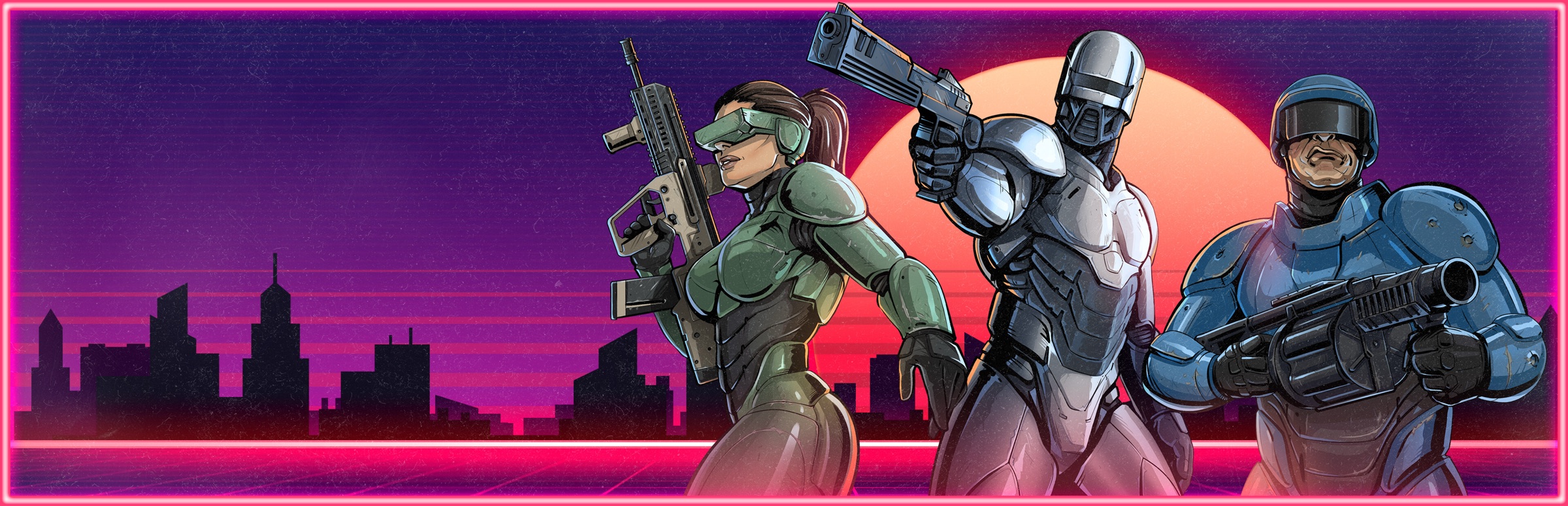 Mega City Force key art: three agents in front of a neon sunset
